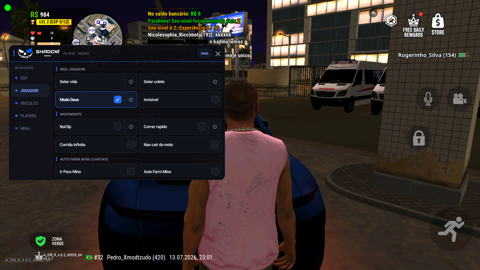Shadow Menu em execucao no Rio Rise